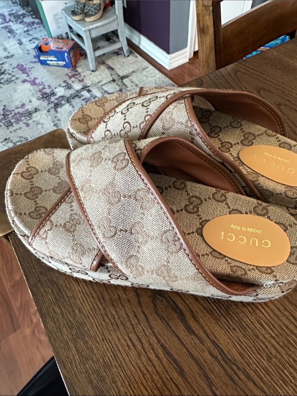 Gucci Beige Brown GG Canvas Crisscross Slide Sandals - Picture 4 of 6
